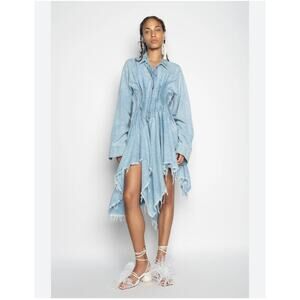 NWT Marques Almeida Blue Pleated Denim Midi Dress Asymm Raw Hem XS Chambray Blue